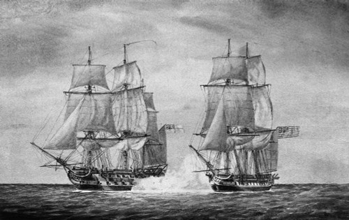 Impressment Of Seamen./Nthe English Ship Hms 'Leopard,' Left, Firing On The Uss 'Chesapeake' Off Hamptong Roads, Virginia, 22 June 1807. Contemporary Watercolor. Poster Print by Granger Collection - Item # VARGRC0128462