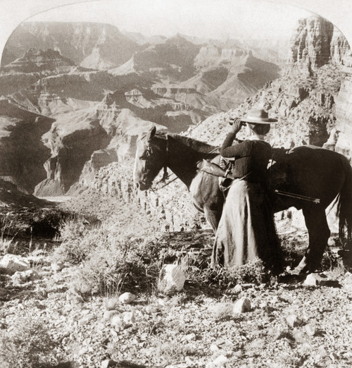 Grand Canyon: Sightseer. /Na Woman Standing Next To A Horse As She Looks Out Across The Grand Canyon In Arizona Through A Pair Of Binoculars. Stereograph, 1903. Poster Print by Granger Collection - Item # VARGRC0260408