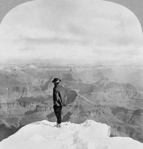 Grand Canyon: Sightseer. /Na Man Standing In The Snow On Sentinel Point As He Looks Out Over The Grand Canyon In Arizona. Stereograph, 1906. Poster Print by Granger Collection - Item # VARGRC0129246