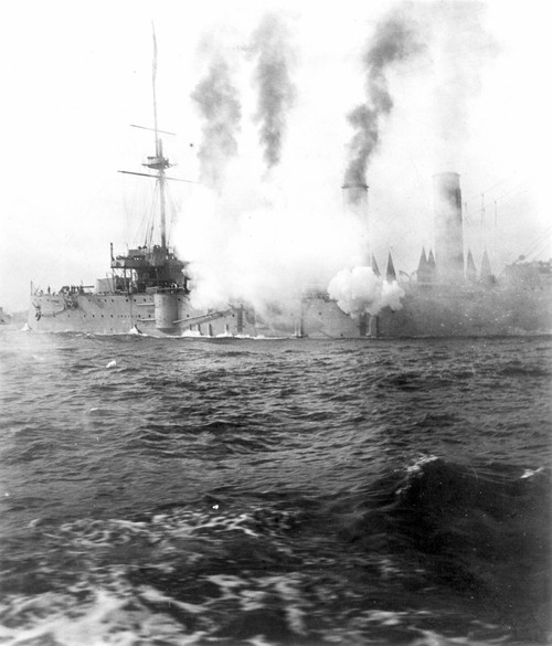 Russo-Japanese War, 1904. /Nnaval Action Involving A Russian Cruiser, Foreground, Probably At Port Arthur, China, In 1904. Poster Print by Granger Collection - Item # VARGRC0037842