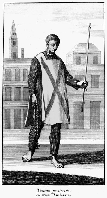 Spanish Inquisition. /Na Victim Of The Spanish Inquisition, Wearing The Sanbenito Habit Of The Penitent. Line Engraving From 'Historia Inquisitionis,' By Philipp Van Limborch, 1692. Poster Print by Granger Collection - Item # VARGRC0120750