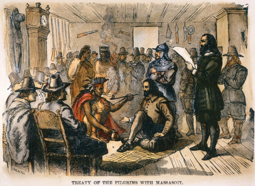 Pilgrims' Treaty. /Nthe Pilgrims' Treaty With Chief Massasoit In William Bradford'S House At Plymouth Colony, March 1621. Wood Engraving, American, Late 19Th Century. Poster Print by Granger Collection - Item # VARGRC0066680