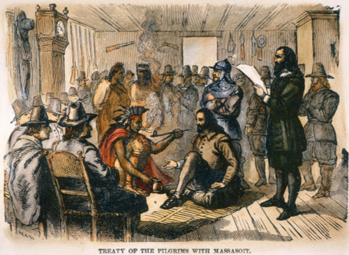 Pilgrims' Treaty. /Nthe Pilgrims' Treaty With Chief Massasoit In William Bradford'S House At Plymouth Colony, March 1621. Wood Engraving, American, Late 19Th Century. Poster Print by Granger Collection - Item # VARGRC0066680