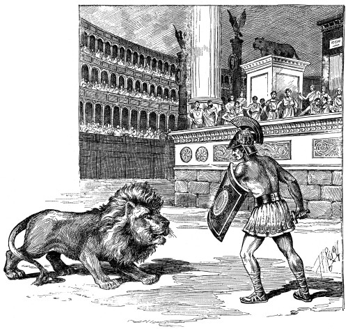 Lion & Gladiator. /Ncontest Between A Lion And A Condemned Criminal In The Arena In Ancient Rome. Line Engraving, American, 1892. Poster Print by Granger Collection - Item # VARGRC0079564