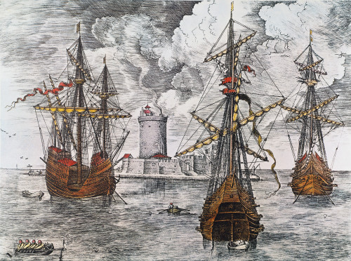 Caravels, 16Th Century. /Nspanish Caravels In A Harbor. Flemish Color Engraving, 16Th Century. Poster Print by Granger Collection - Item # VARGRC0007195