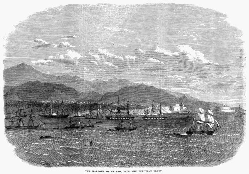 Peru: Callao Harbor, 1865. /Nview From The Pacific Ocean Of The City Of Callao With The Peruvian Fleet At Anchor In The Harbor. Wood Engraving, English, 1865. Poster Print by Granger Collection - Item # VARGRC0094817