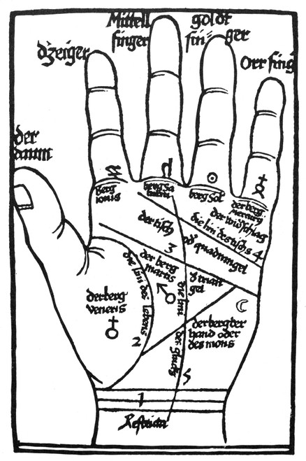 Palmistry Chart, 1551. /Ndiagram Of Planetary Positions In The Left Hand. Woodcut From Bartholomeus Cocle'S 'Chiromantiae Compendium,' Strassburg, Germany, 1551. Poster Print by Granger Collection - Item # VARGRC0003140