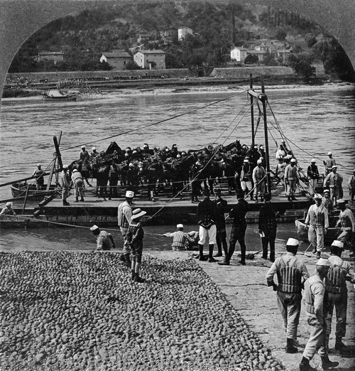 World War I: Cavalry. /Nbritish Royal Engineers Transporting Cavalry Horses Across A River In France. Stereograph, C1916. Poster Print by Granger Collection - Item # VARGRC0325478