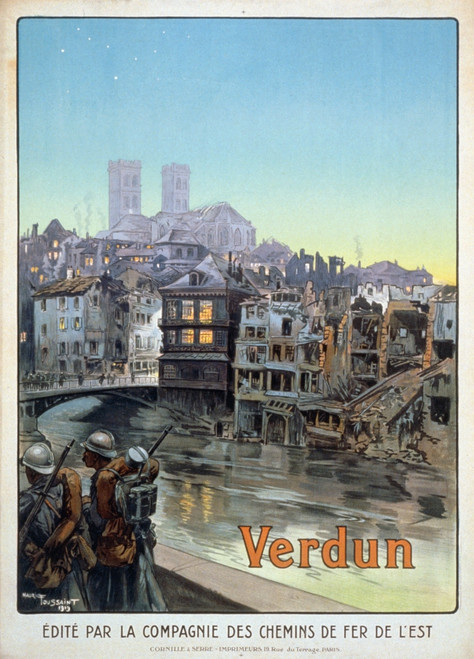 World War I: French Poster. /Nsoldiers Marching Beside The Meuse River And Over A Bridge Into A Bombed Verdun. Lithograph Poster By Maurice Toussaint, 1919. Poster Print by Granger Collection - Item # VARGRC0114515