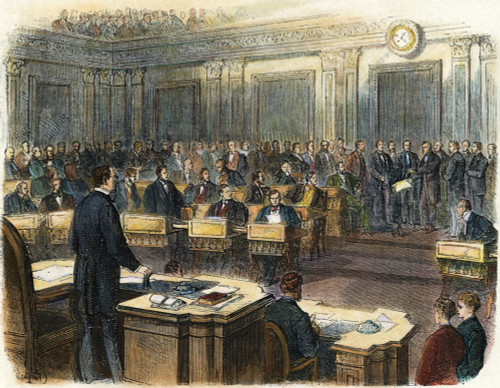 Johnson: Impeachment, 1868. /Nfrench Depiction Of The Reading The Articles Of Impeachment Against Andrew Johnson In The Senate Chamber, 4 March 1868. Engraving, 1868. Poster Print by Granger Collection - Item # VARGRC0010605