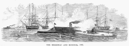 Monitor And Merrimack. /Nthe Engagement Between The 'Monitor' And The 'Merrimack,' At Hampton Roads Off The Virginia Coast, 9 March 1862. Wood Engraving, American, Late 19Th Century. Poster Print by Granger Collection - Item # VARGRC0003449