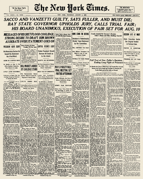 Sacco And Vanzetti, 1927. /Nthe Front Page Of The New York Times On The Day Nicola Sacco And Bartolomeo Vanzetti Were Sentenced To Death, 4 August 1927. Poster Print by Granger Collection - Item # VARGRC0093468