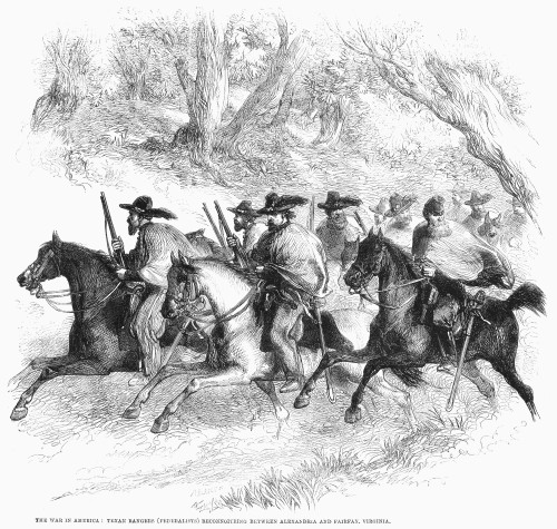 Civil War: Texas Rangers. /Ntexas Rangers Reconnoitering For Union Troops Between Alexandria And Fairfax, Virginia, Early In The American Civil War. Wood Engraving, English, 1861. Poster Print by Granger Collection - Item # VARGRC0089192