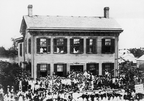 Lincoln Campaign, 1860. /Nrepublican Party Rally During The Summer Of 1860 At Abraham Lincoln'S Home In Springfield, Illinois. Lincoln Stands On His Doorstep In A White Suit. Poster Print by Granger Collection - Item # VARGRC0114193