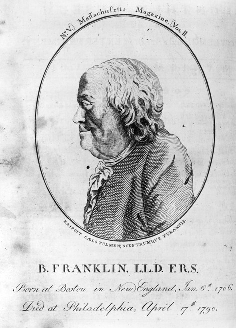 Benjamin Franklin (1706-1790). /Namerican Printer, Publisher, Scientist, Inventor, Statesman And Diplomat. Profile Bust Engraving From Massachusetts Magazine, 1790. Poster Print by Granger Collection - Item # VARGRC0109104 Benjamin Franklin (1706-1790). /Namerican Printer, Publisher, Scientist, Inventor, Statesman And Diplomat. Profile Bust Engraving From Massachusetts Magazine, 1790. Poster Print by Granger Collection - Item # VARGRC0109104