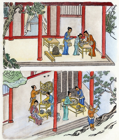 Silk Manufacture, China. /Nsilkworm Cocoons Are Placed On Trays And A Worker Picks Mulberry Leaves For The Worms. Chinese Woodcut From A 1695 Manual For Silk Manufacture. Poster Print by Granger Collection - Item # VARGRC0065451 Silk Manufacture, China. /Nsilkworm Cocoons Are Placed On Trays And A Worker Picks Mulberry Leaves For The Worms. Chinese Woodcut From A 1695 Manual For Silk Manufacture. Poster Print by Granger Collection - Item # VARGRC0065451