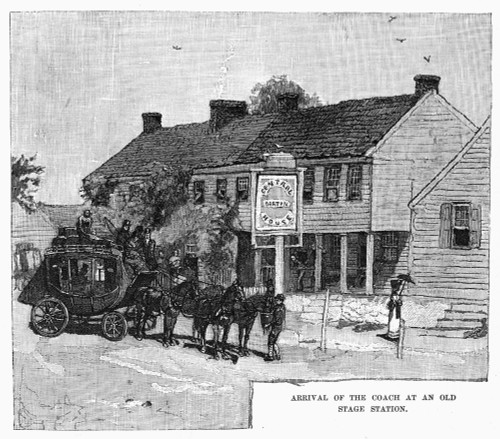 Stagecoach, 19Th Century. /Narrival Of The Coach At An Old Stage Station On The National Road In The Early 19Th Century. Wood Engraving, American, 1879, After Howard Pyle. Poster Print by Granger Collection - Item # VARGRC0014732