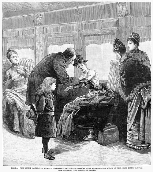 Smallpox Vaccination, 1885. /Na Phycisian Vaccinating American-Bound Passsengers On A Railroad Train From Montreal, Canada, Site Of A Smallpox Epidemic. Wood Engraving, American, 1885. Poster Print by Granger Collection - Item # VARGRC0039311