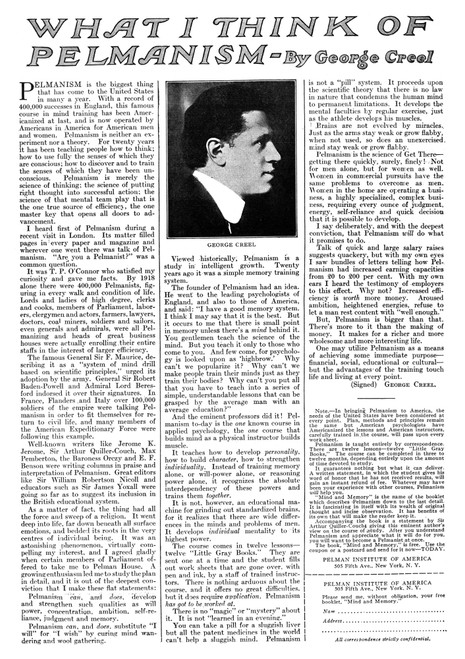 Ad: Pelmanism, 1925. /Namerican Advertisement For Pelmanism, A Mind Training Program, With An Endorsement From Journalist George Creel, 1925. Poster Print by Granger Collection - Item # VARGRC0526345