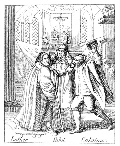 Cartoon: Luther And Calvin. /Nmartin Luther Tweaks John Calvin'S Beard, With The Pope Caught Between Them. Satirical 16Th Century Engraving On The Controversies Between The Two Reformers. Poster Print by Granger Collection - Item # VARGRC0065211