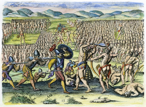 Native Americans: Florida Battle. /Nflorida Native Americans Fighting Each Other And European Soldiers Involved. Copper Engraving, 1591, By Theodor De Bry After Jacques Le Moyne De Morgues. Poster Print by Granger Collection - Item # VARGRC0009821