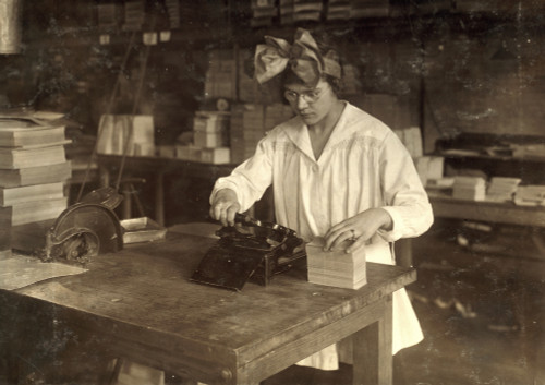 Hine: Boston Index Card Co. /Na Girl Stamping Labels At The Boston Index Card Co. At 113 Purchase Street In Boston, Massachusetts. Photograph By Lewis Wickes Hine, January 1917. Poster Print by Granger Collection - Item # VARGRC0324024 Hine: Boston Index Card Co. /Na Girl Stamping Labels At The Boston Index Card Co. At 113 Purchase Street In Boston, Massachusetts. Photograph By Lewis Wickes Hine, January 1917. Poster Print by Granger Collection - Item # VARGRC0324024