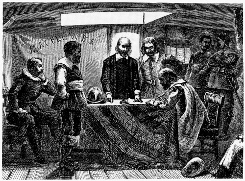 Mayflower: Compact, 1620. /Nthe Pilgrims Signing The Compact Aboard The Mayflower Off The Coast Of Provincetown, Massachusetts, 11 November 1620. Wood Engraving, 19Th Century. Poster Print by Granger Collection - Item # VARGRC0012116