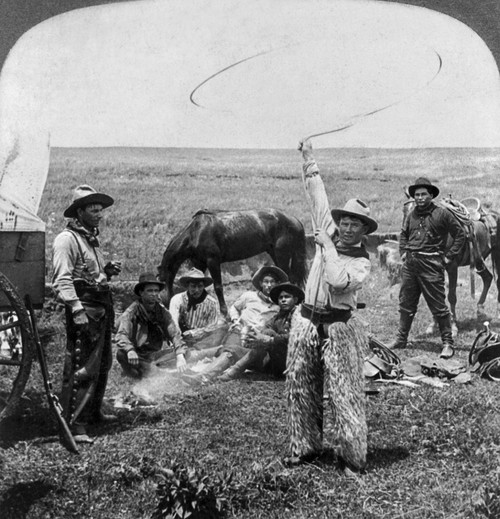 Oklahoma: Cowboys, C1905. /Na Cowboy Twirling A Lariat In The Air As Six Other Cowboys Watch At A Cowboys' Camp In Oklahoma. Stereograph, C1905. Poster Print by Granger Collection - Item # VARGRC0124983 Oklahoma: Cowboys, C1905. /Na Cowboy Twirling A Lariat In The Air As Six Other Cowboys Watch At A Cowboys' Camp In Oklahoma. Stereograph, C1905. Poster Print by Granger Collection - Item # VARGRC0124983