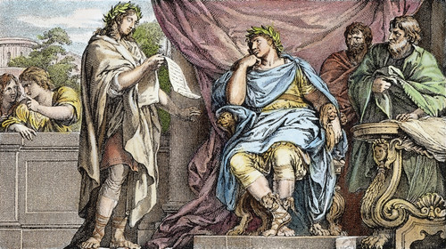 Virgil (70-19 B.C.). /Nroman Poet. Reading To His Patron, Augustus Caesar. Line Engraving, French, 18Th Century. Poster Print by Granger Collection - Item # VARGRC0048889