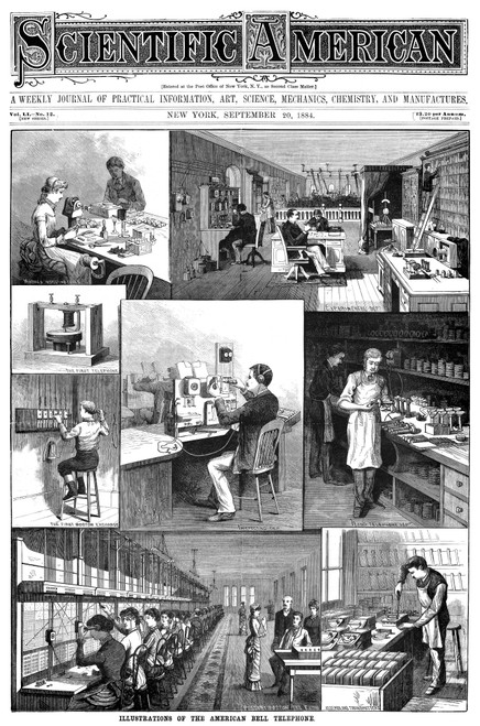 Bell Telephone, 1884./Nscenes From American Bell Telephone Company, Incorporated In March 1885. Wood Engravings, American, 1884. Poster Print by Granger Collection - Item # VARGRC0089724