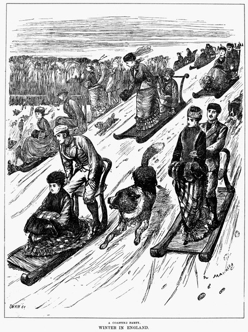 England: Sledding, 1879. /N'A Coasting Party - Winter In England.' Wood Engraving, American, 1879. Poster Print by Granger Collection - Item # VARGRC0099921