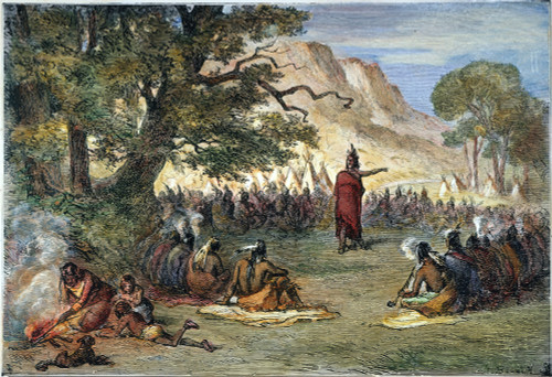 Chief Pontiac (D.1769). /Namerican Ottowa Indian Chief. Chief Pontiac In War Council In 1763. Color Engraving, 19Th Century. Poster Print by Granger Collection - Item # VARGRC0061067