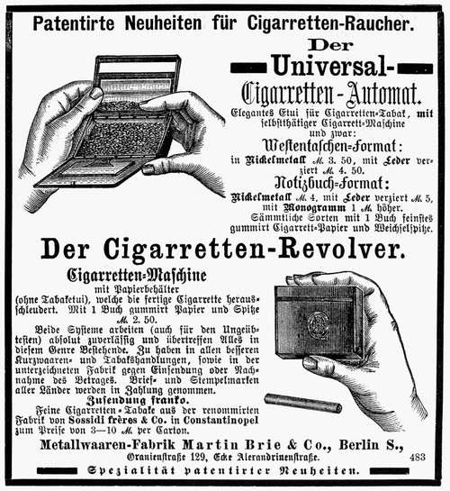Cigarette Roller Ad. /Ngerman Newpaper Advertisement For An Automatic Cigarette Roller, Late 19Th Century. Poster Print by Granger Collection - Item # VARGRC0090480 Cigarette Roller Ad. /Ngerman Newpaper Advertisement For An Automatic Cigarette Roller, Late 19Th Century. Poster Print by Granger Collection - Item # VARGRC0090480