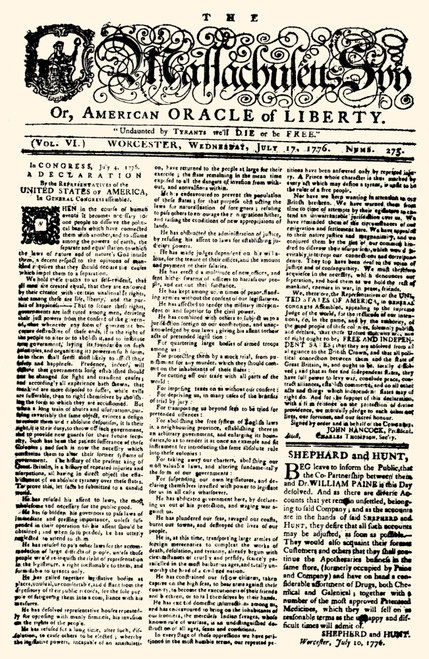 Massachusetts Spy, 1776. /Nfront Page Of The 17 July 1776 Issue Of 'The Massachusetts Spy, Or American Oracle Of Liberty,' Published At Worcester, Massachusetts. Poster Print by Granger Collection - Item # VARGRC0131469