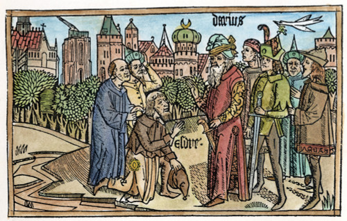 Ezra & Darius. /Nezra Kneels Before King Darius (Ezra Vi). Woodcut From The Cologne Bible, 1478-1480. Poster Print by Granger Collection - Item # VARGRC0052467