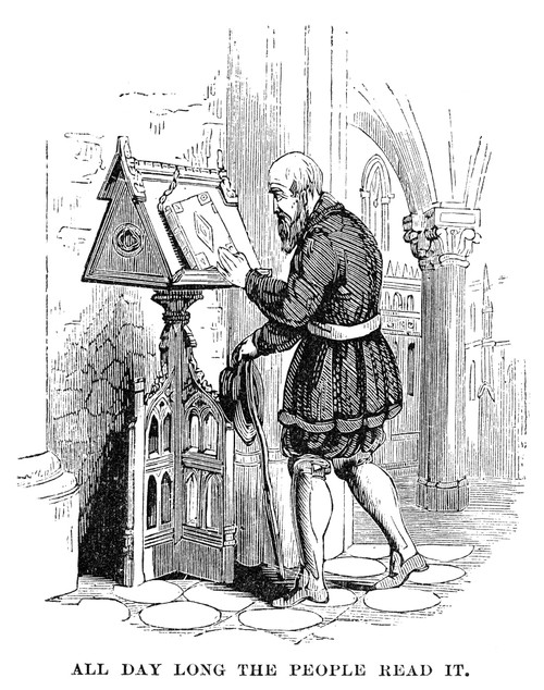 The Coverdale Bible. /Nthe Coverdale Translation Of The Bible, In English, Chained To A Reading Stand In An English Church During The Reign Of King Henry Viii: Wood Engraving, 19Th Century. Poster Print by Granger Collection - Item # VARGRC0047308