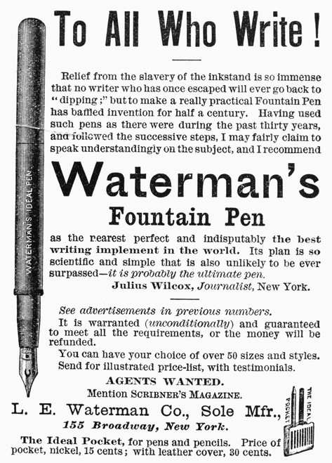 Fountain Pen Advertisement. /Nadvertisement For Waterman'S Fountain Pen From An American Newspaper Of 1888. Poster Print by Granger Collection - Item # VARGRC0095679