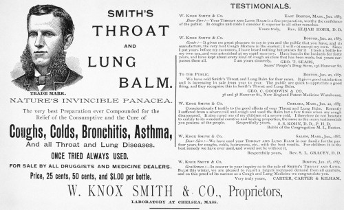 Patent Medicine Ad, 1887. /Namerican Advertisement, 1887, For 'Nature'S Invincible Panacea,' Smith'S 'Throat And Lung Balm.' Poster Print by Granger Collection - Item # VARGRC0028999
