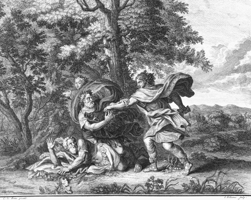 Atalanta And Meleager. /Nmeleager Killing His Uncles. Copper Engraving, Dutch, 18Th Century, After A Painting By Charles Le Brun (1619-1690). Poster Print by Granger Collection - Item # VARGRC0096645