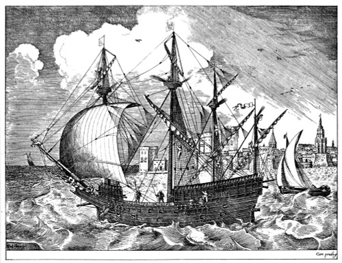 Man Of War, C1565. /Nman Of War With Three Small Ships At Right And Left. Line Engraving, C1565, By Frans Huys After Peter Bruegel The Elder. Poster Print by Granger Collection - Item # VARGRC0038309