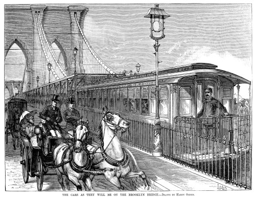 Brooklyn Bridge, 1882. /N'The Cars As They Will Be On The Brooklyn Bridge.' Projected Traffic On The Soon-To-Be Completed Brooklyn Bridge. Wood Engraving, American, 1882. Poster Print by Granger Collection - Item # VARGRC0052586