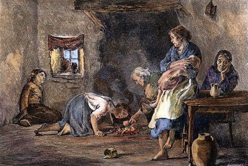 Potato Famine. /Ninterior Of A Peasant'S Hut During The Great Potato Famine Of 1846-47 In Ireland. Colored Engraving, 19Th Century. Poster Print by Granger Collection - Item # VARGRC0008436