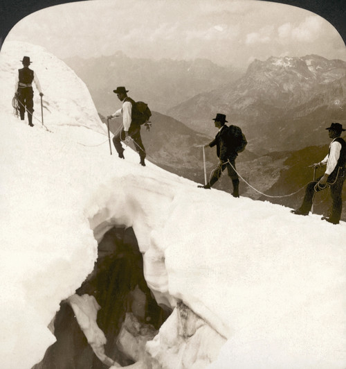 Alpine Mountaineering, 1908. /Nmountain Climbers Crossing A Dangerous Crevasse On A Snow Bridge During Their Ascent Of Mont Blanc In The Savoy Alps. Stereograph, 1908. Poster Print by Granger Collection - Item # VARGRC0002893