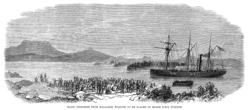 New Zealand Wars, 1864. /Nmaori Prisoners From Rangariri Waiting To Be Placed On Board The British Ship H.M.S. 'Pioneer' During The New Zealand Wars. Wood Engraving, English, 1864. Poster Print by Granger Collection - Item # VARGRC0001376