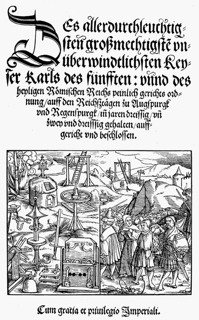 Counter Reformation. /Npunishment And Torture Of Protestant Heretics. Title Page From A German Book Dedicated To Kaiser Karl V, 16Th Century. Poster Print by Granger Collection - Item # VARGRC0093280