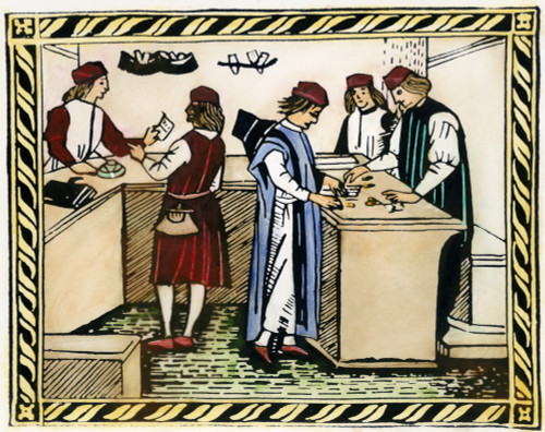 Medici Bank, 15Th Century. /Ninterior Of A Bank Owned By The Medici Family Of Florence. Woodcut, Italian, 15Th Century. Poster Print by Granger Collection - Item # VARGRC0081371