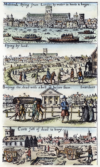 Plague Of London, 1665. /Naspects Of The Great Plague Of London, 1665, Shown In A Contemporary English Broadside: The Populace Flees By Water And Land; The Dead Are Buried In Mass Graves. Poster Print by Granger Collection - Item # VARGRC0008517