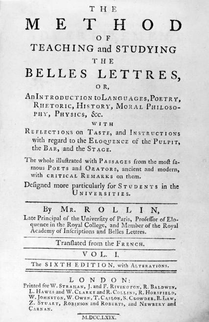 Rollin: Title Page, 1769. /Ntitle Page Of Charles Rollin'S 'The Method Of Teaching And Studying The Belles Lettres,' 1767. Copy Owned By U.S. President John Adams. Poster Print by Granger Collection - Item # VARGRC0106920