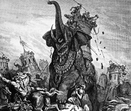 Death Of Eleazar. /Nmaccabean Attack On Assyrian Caparisoned War Elephant At Battle Of Beth Zur (I Maccabees 6: 43,46). Wood Engraving After Gustave Dor_ (1832-1883). Poster Print by Granger Collection - Item # VARGRC0042852