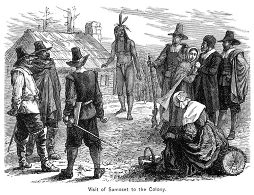 Samoset (C1590-1653). /Nnative American Chief Of Monhegan Isle. Samoset'S First Visit To Plymouth Colony On 16 March 1621. Wood Engraving, 19Th Century. Poster Print by Granger Collection - Item # VARGRC0037511